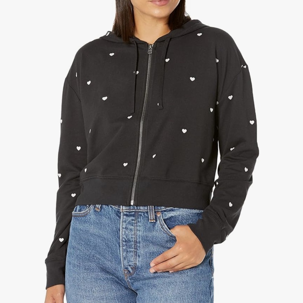 Sundown by Splendid Zip Hoodie Sweatshirt Black w/ White Heart – M